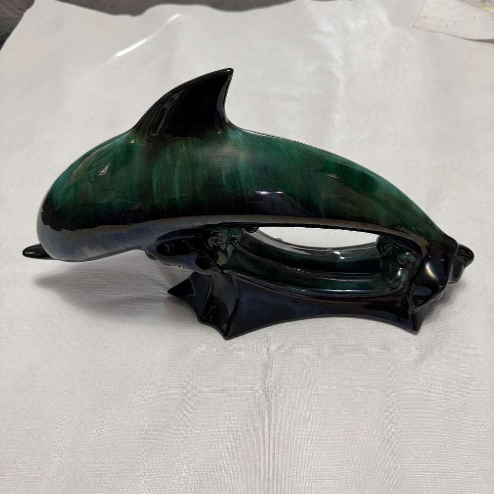 Blue Mountain Pottery Artistic Green Ceramic Dolphin Figurine 16”